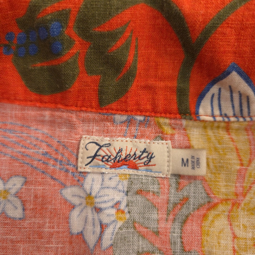 Faherty Maui Shirt Womens M Orange Hawaiian Coral Mauna Key Floral Linen Blend - Picture 7 of 9